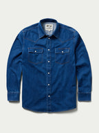 Dark indigo denim snap shirt, front view with two chest pockets