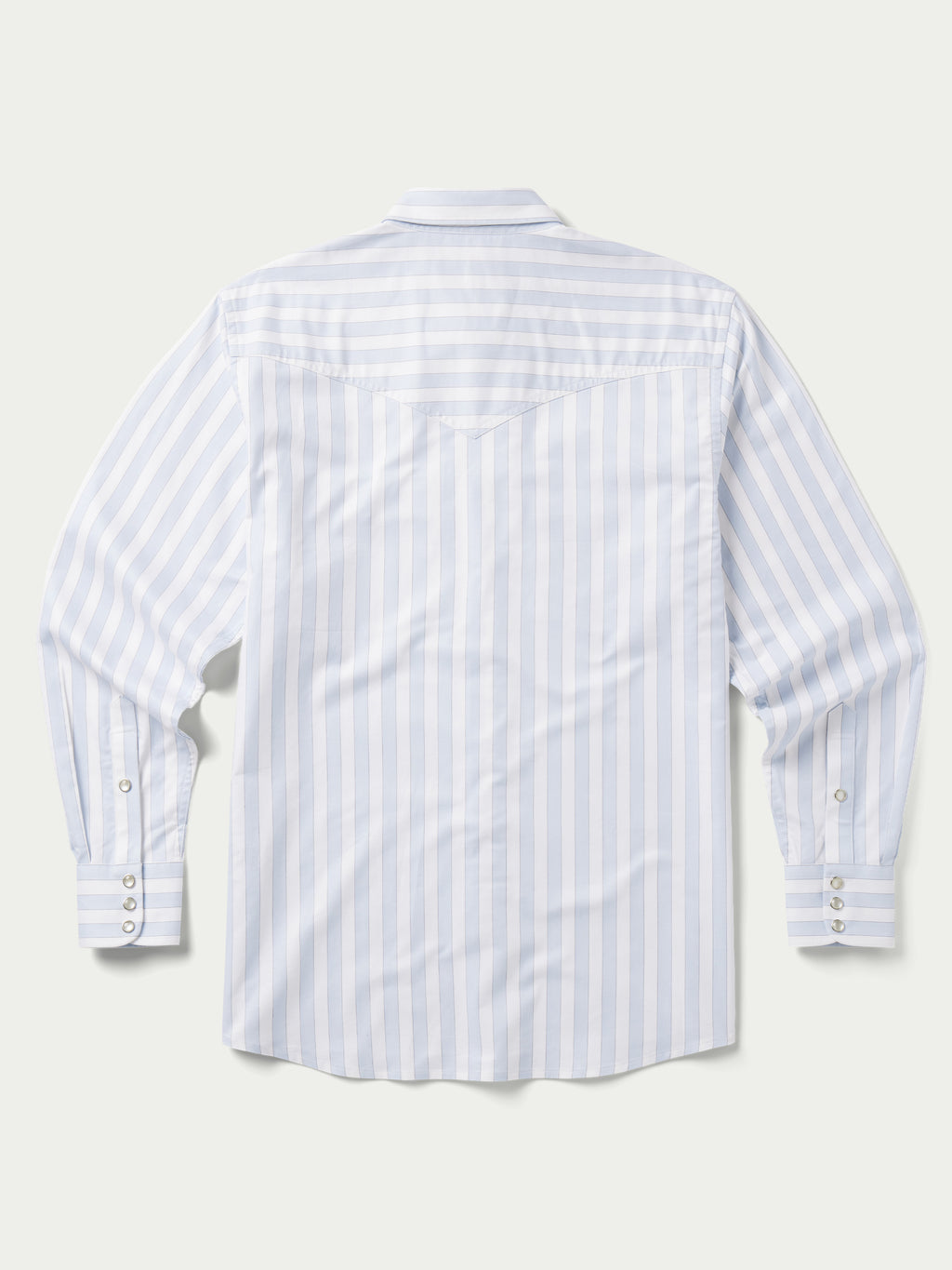 Light blue striped Western button-down shirt with snap cuffs, back view