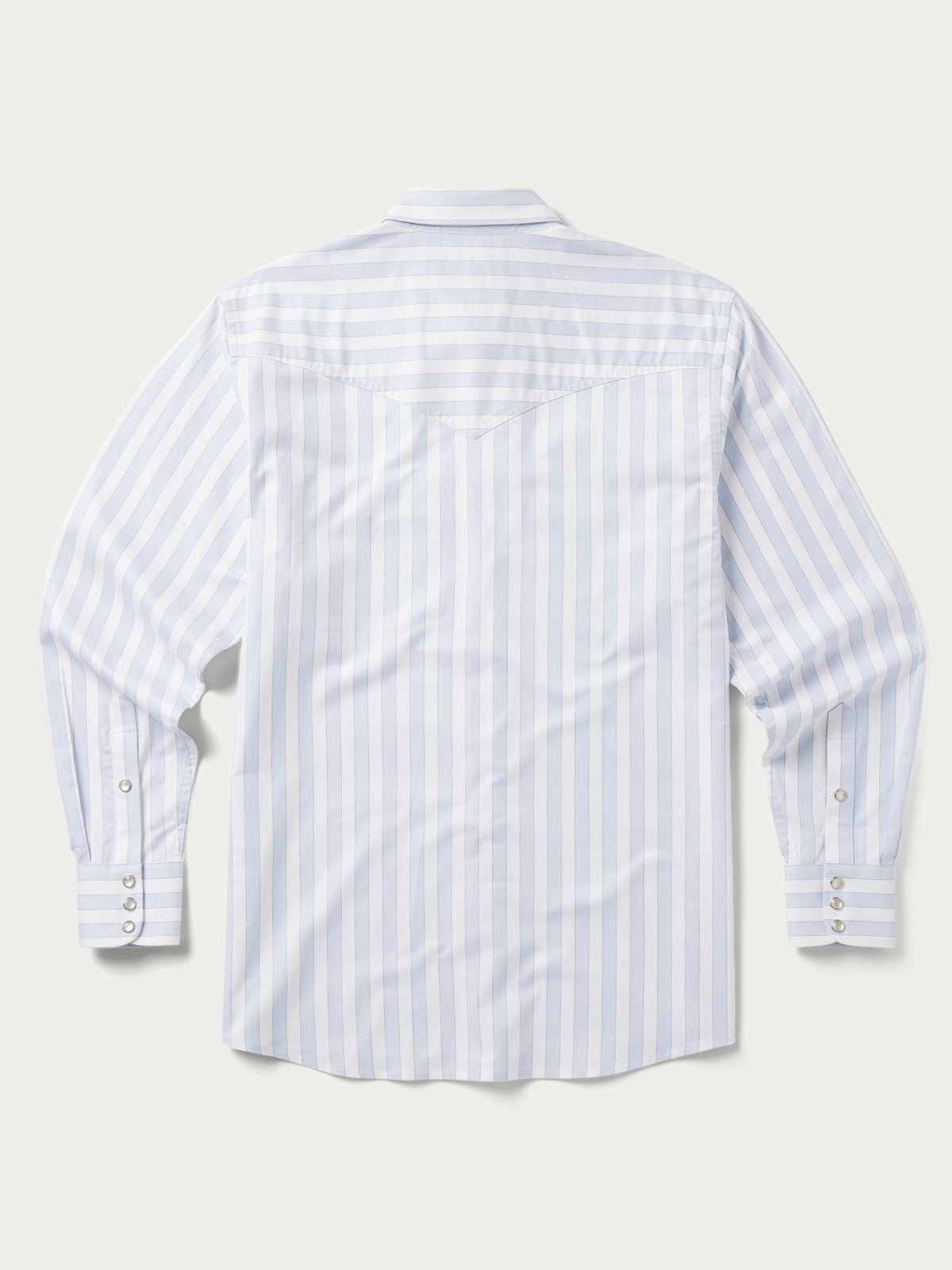 Light blue striped Western button-down shirt with snap cuffs, back view