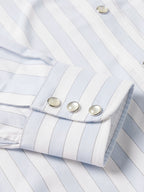 Light blue striped Western button-down shirt with snap cuff closures