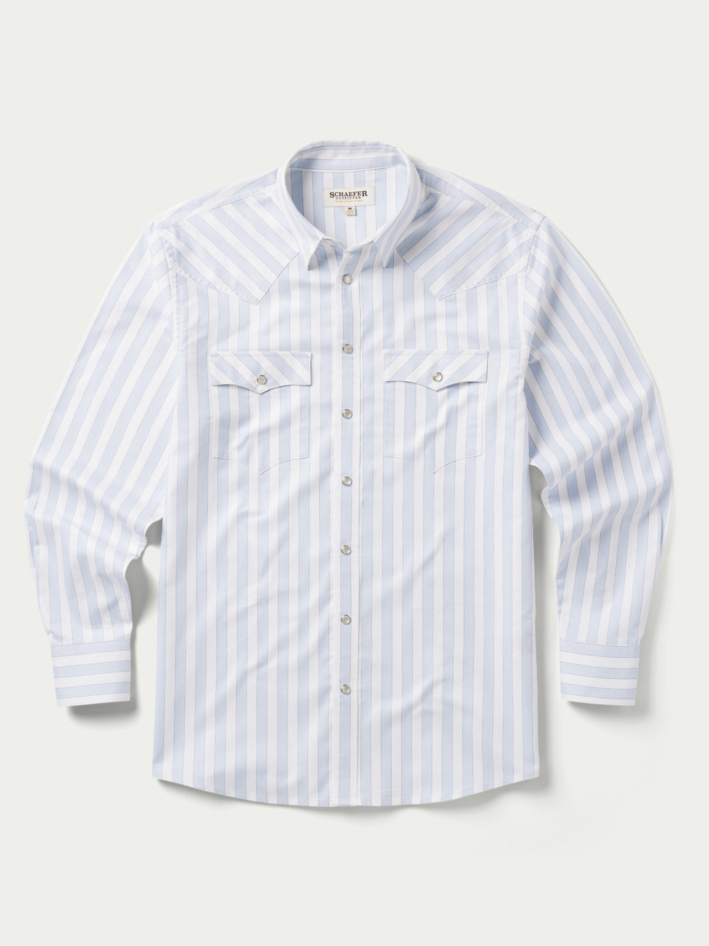 Light blue striped Western button-down shirt with chest pockets and snap cuffs