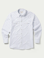Light blue striped Western button-down shirt with chest pockets and snap cuffs