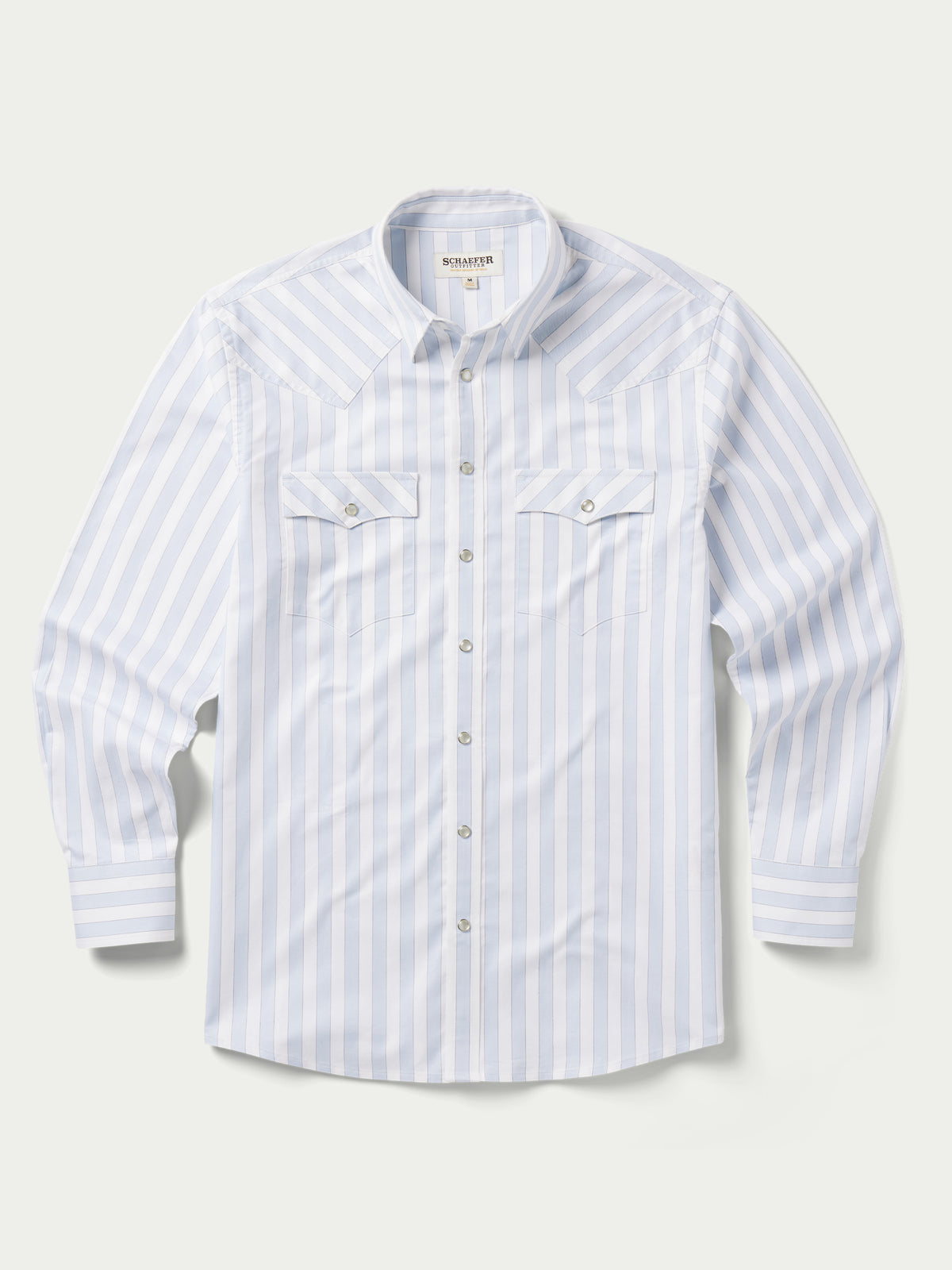 Light blue striped Western button-down shirt with chest pockets and snap cuffs