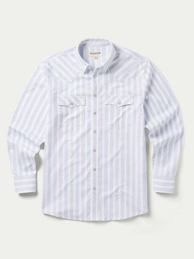 Light blue striped Western button-down shirt with chest pockets and snap cuffs