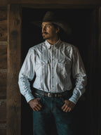 Light blue striped Western button-down shirt on model with snap cuffs