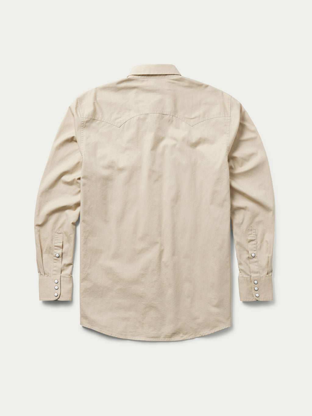Light beige back view button-up shirt with flap pockets and snap cuffs
