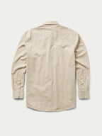 Light beige back view button-up shirt with flap pockets and snap cuffs