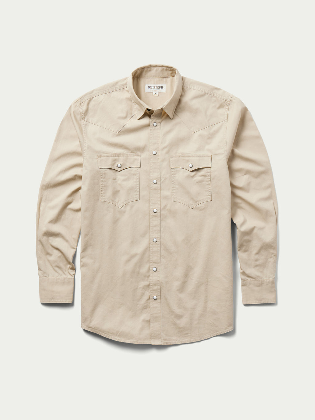 Light beige front button-up shirt with two flap chest pockets