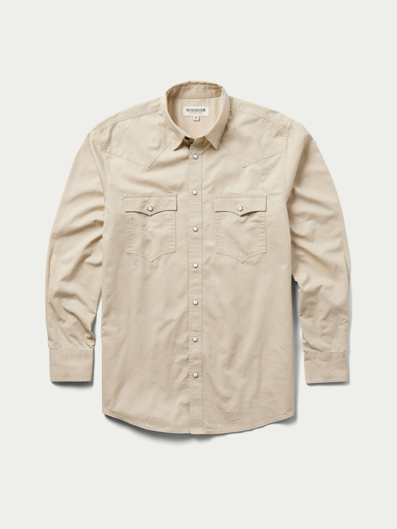 Light beige front button-up shirt with two flap chest pockets