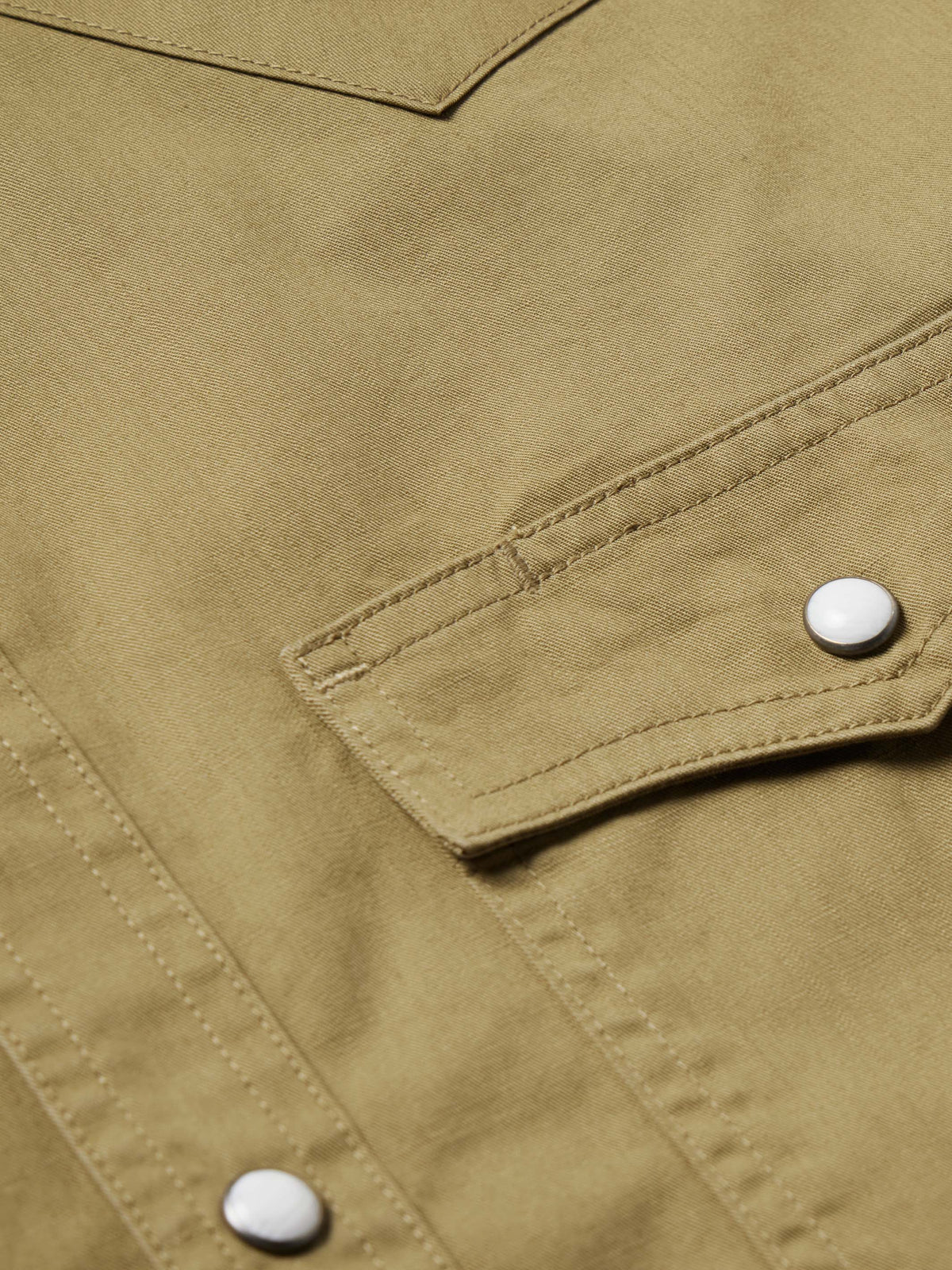 Olive slub twill shirt with snap cuff and visible stitched seam details