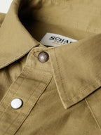 Olive slub twill shirt with snap-down collar and interior label