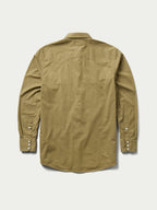 Olive slub twill shirt, back view with buttoned sleeve placket