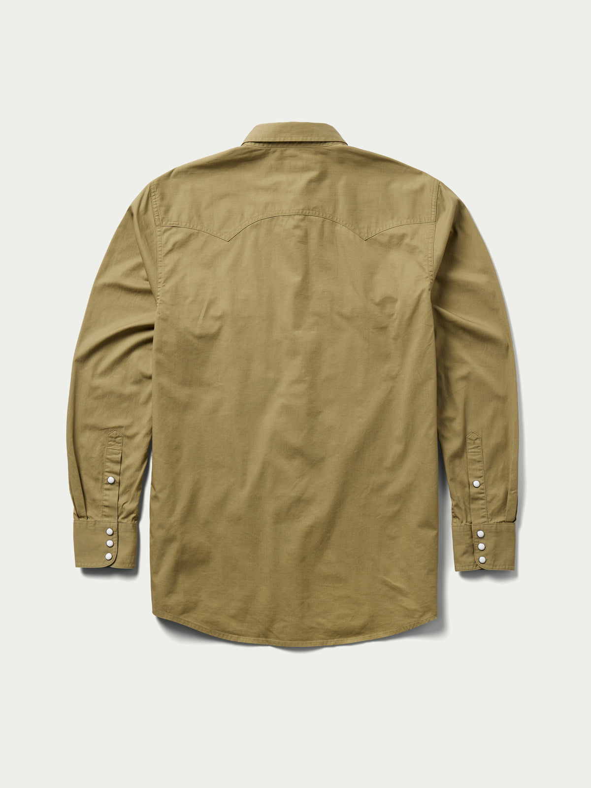 Olive slub twill shirt, back view with buttoned sleeve placket