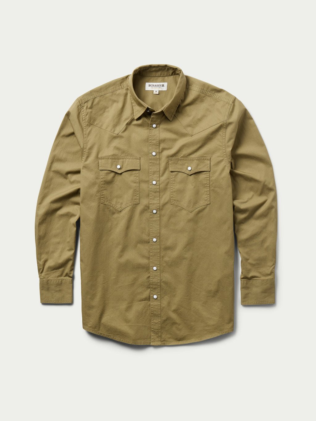 Olive slub twill shirt, front view with snap closures and chest pockets