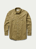 Olive slub twill shirt, front view with snap closures and chest pockets