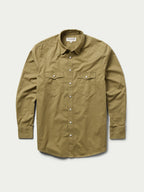 Olive slub twill shirt, front view with snap closures and chest pockets