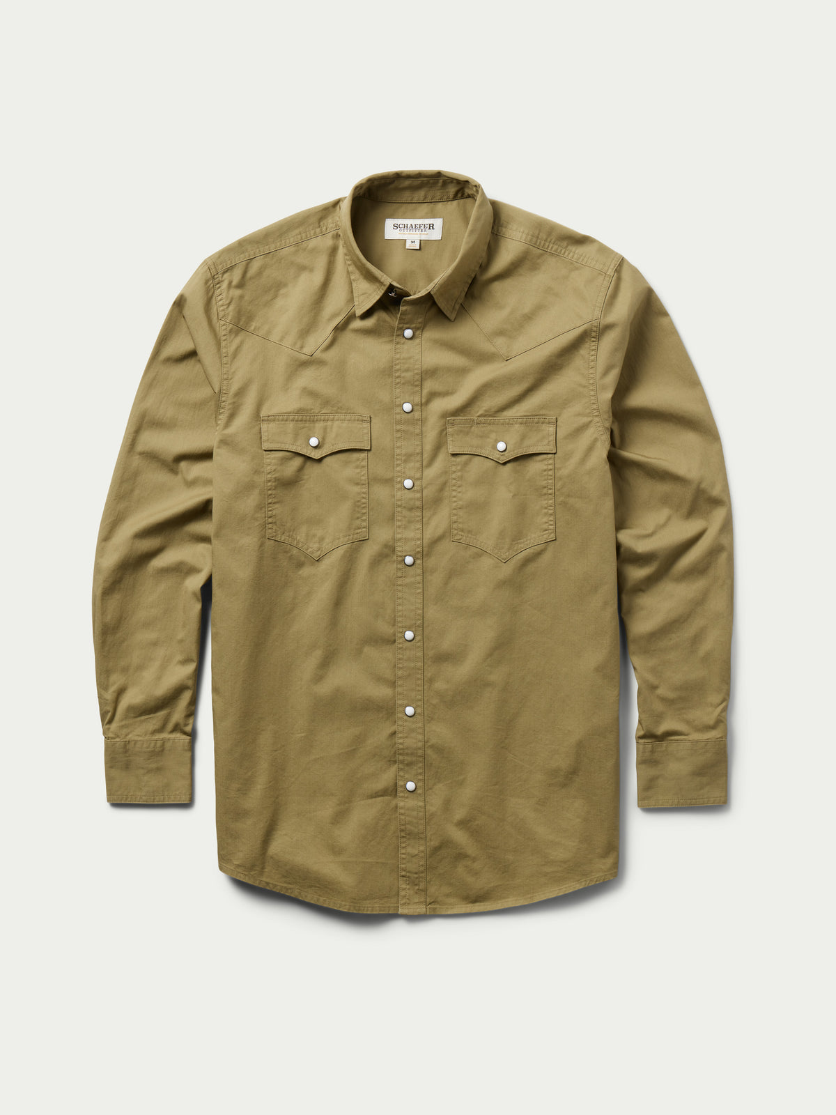 Olive slub twill shirt, front view with snap closures and chest pockets