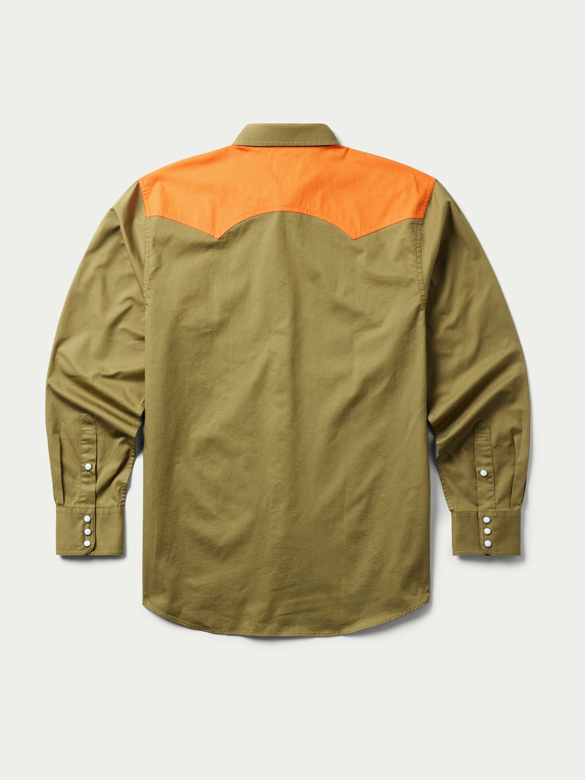 Olive slub twill shirt with orange yoke panels, front and cuff snap buttons