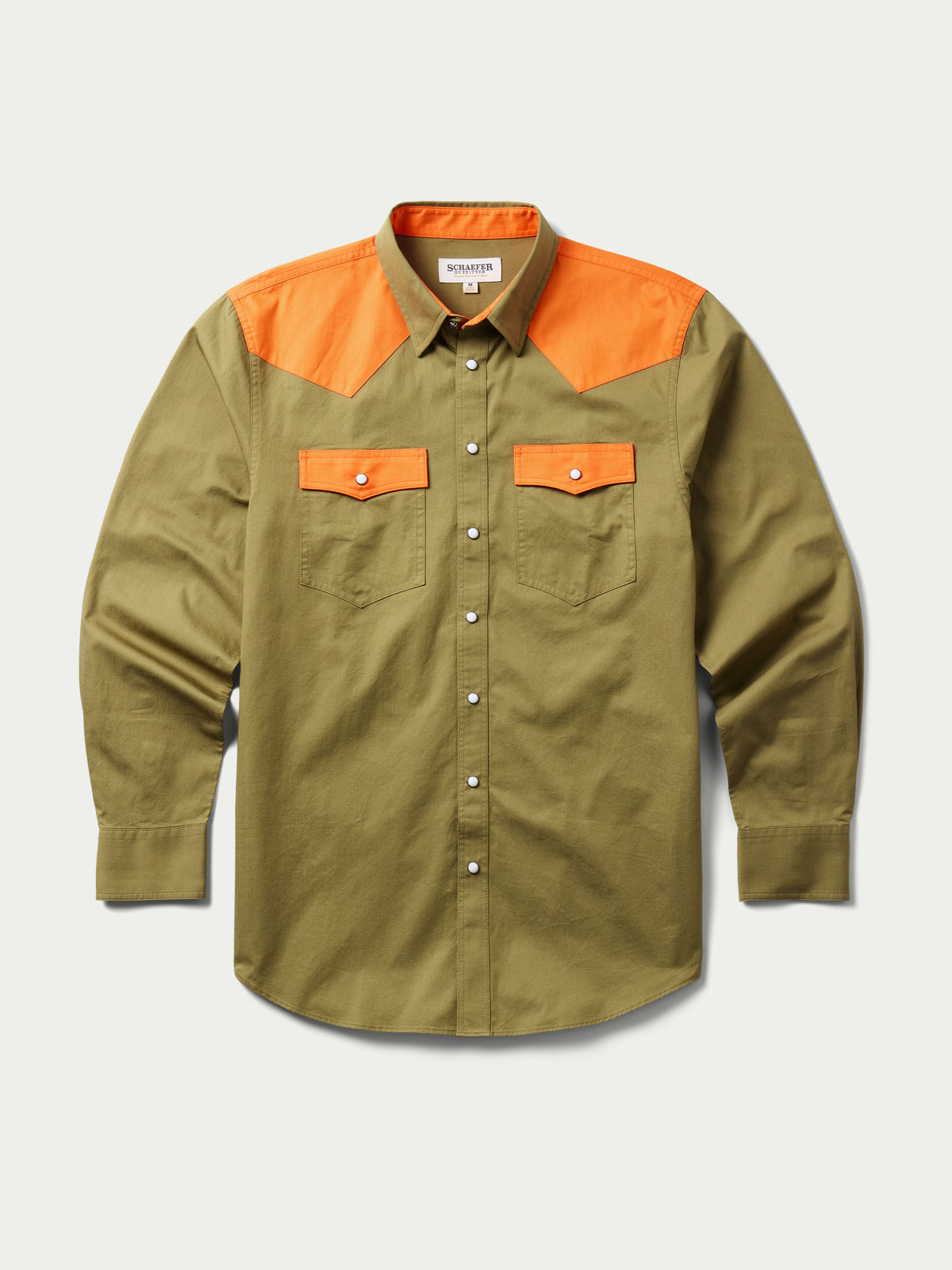 Olive slub twill shirt with orange yoke and two chest pockets with snap buttons
