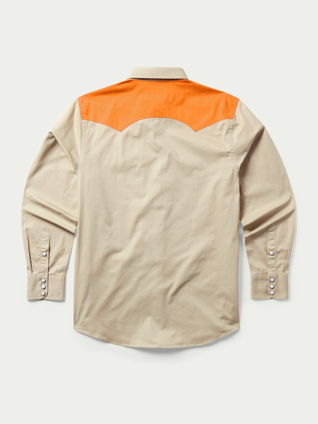 Quail slub twill shirt with orange yoke, snap cuffs, and metal snap front