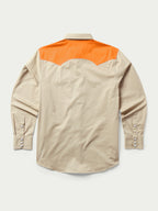 Quail slub twill shirt with orange yoke, snap cuffs, and metal snap front