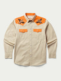 Quail slub twill shirt with orange collar, flap pockets, and bird embroidery patches