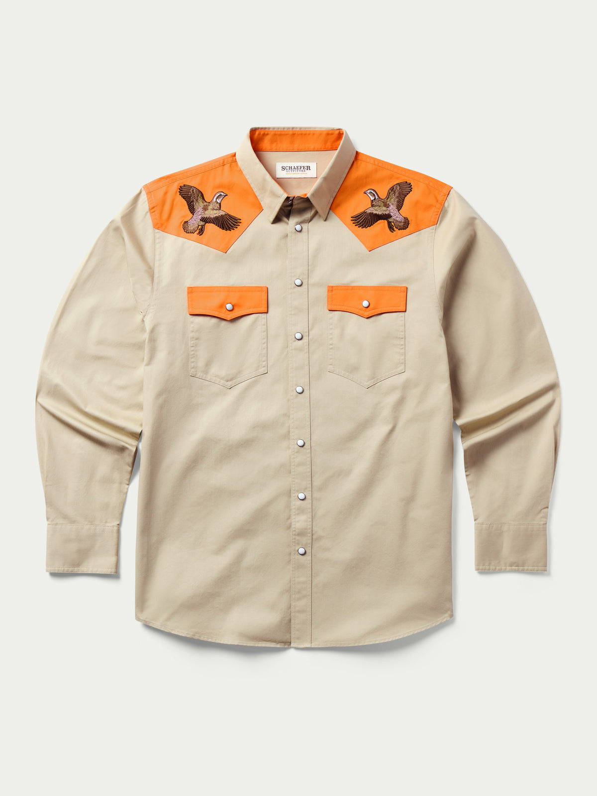 Quail slub twill shirt with orange collar, flap pockets, and bird embroidery patches