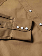 Walnut slub twill shirt front with snap placket and chest flap pocket