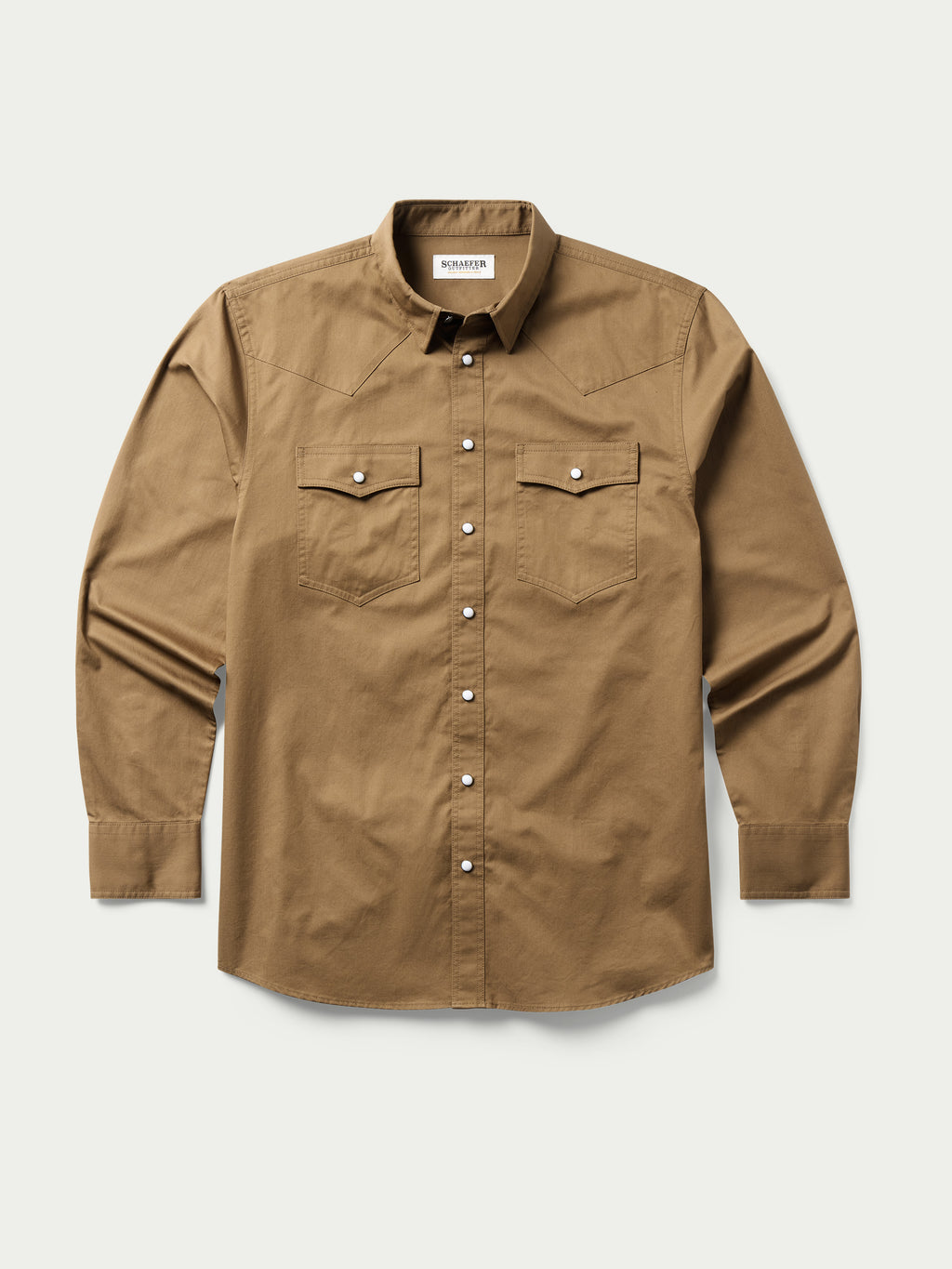 Walnut slub twill shirt front with button-up placket and chest pockets