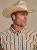 Striped cotton pearl-snap short-sleeve shirt on model, chest pockets
