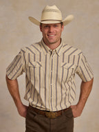 Striped cotton pearl-snap short-sleeve shirt with front pearl snaps