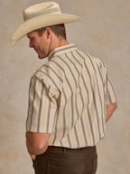 Striped cotton pearl-snap short-sleeve shirt, side/back view