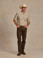 Men's short-sleeve pearl snap shirt, light striped cotton with chest pockets