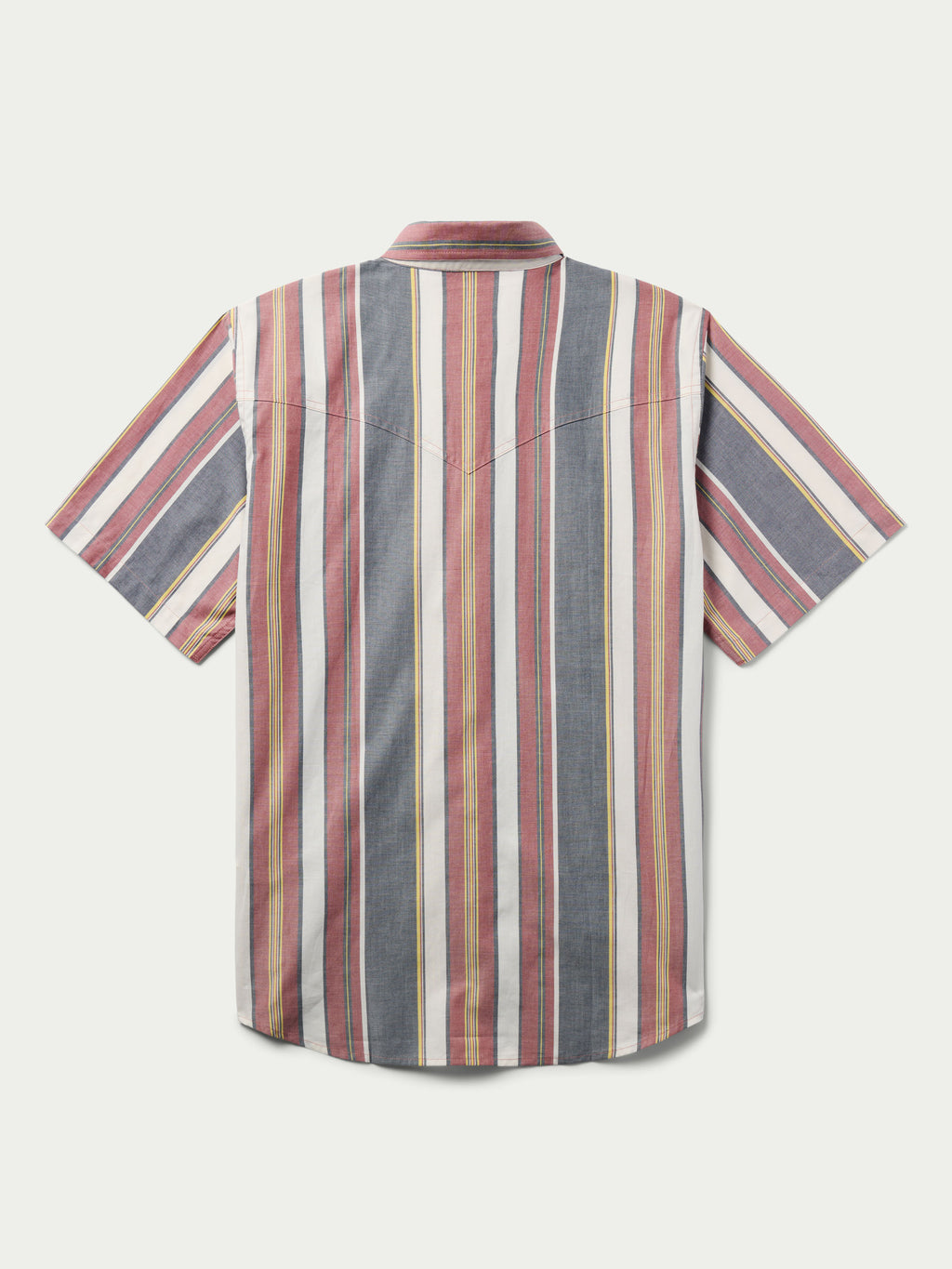 Back view of short sleeve western shirt with multicolor vertical stripes