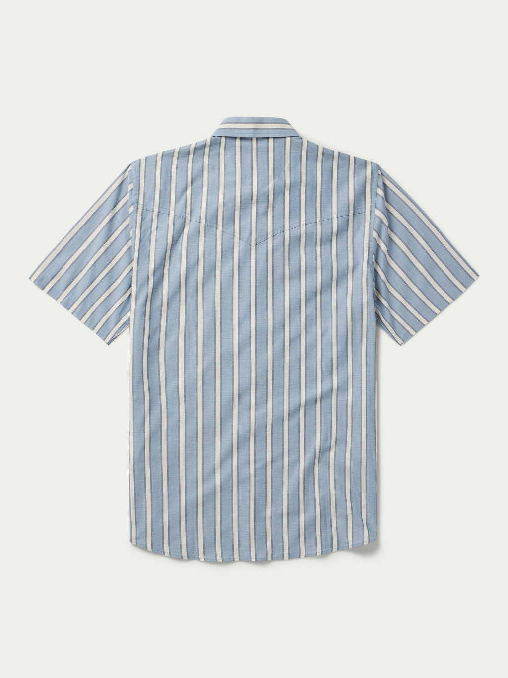 Blue and white striped short-sleeve pearl snap button-up shirt, back view