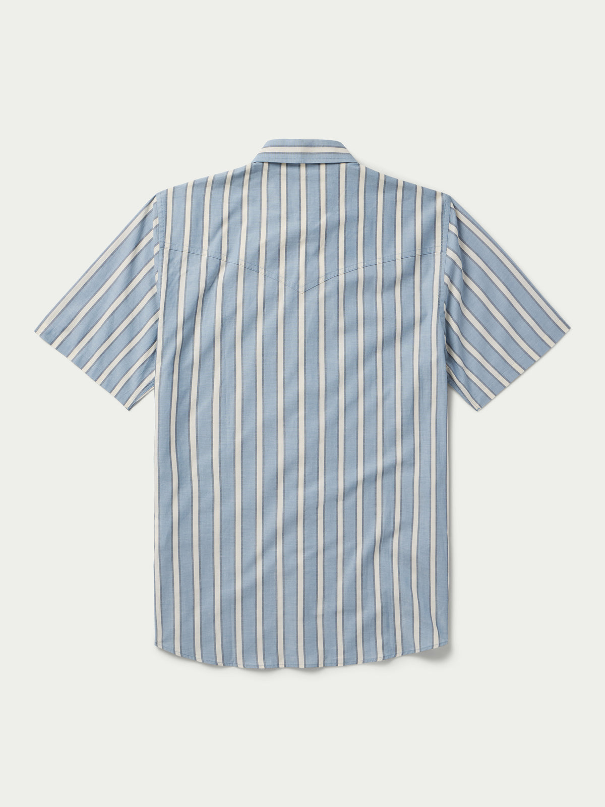 Blue and white striped short-sleeve pearl snap button-up shirt, back view