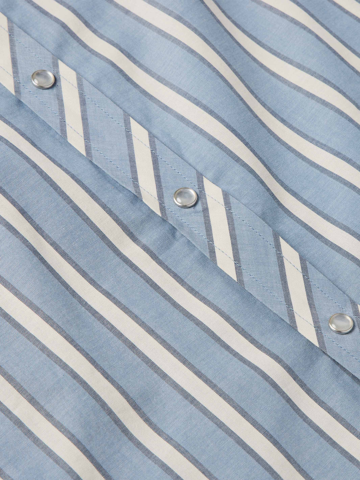 Blue-and-white striped short-sleeve pearl snap shirt, front placket detail