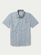 Blue and white striped short-sleeve pearl snap button-up shirt with chest pockets