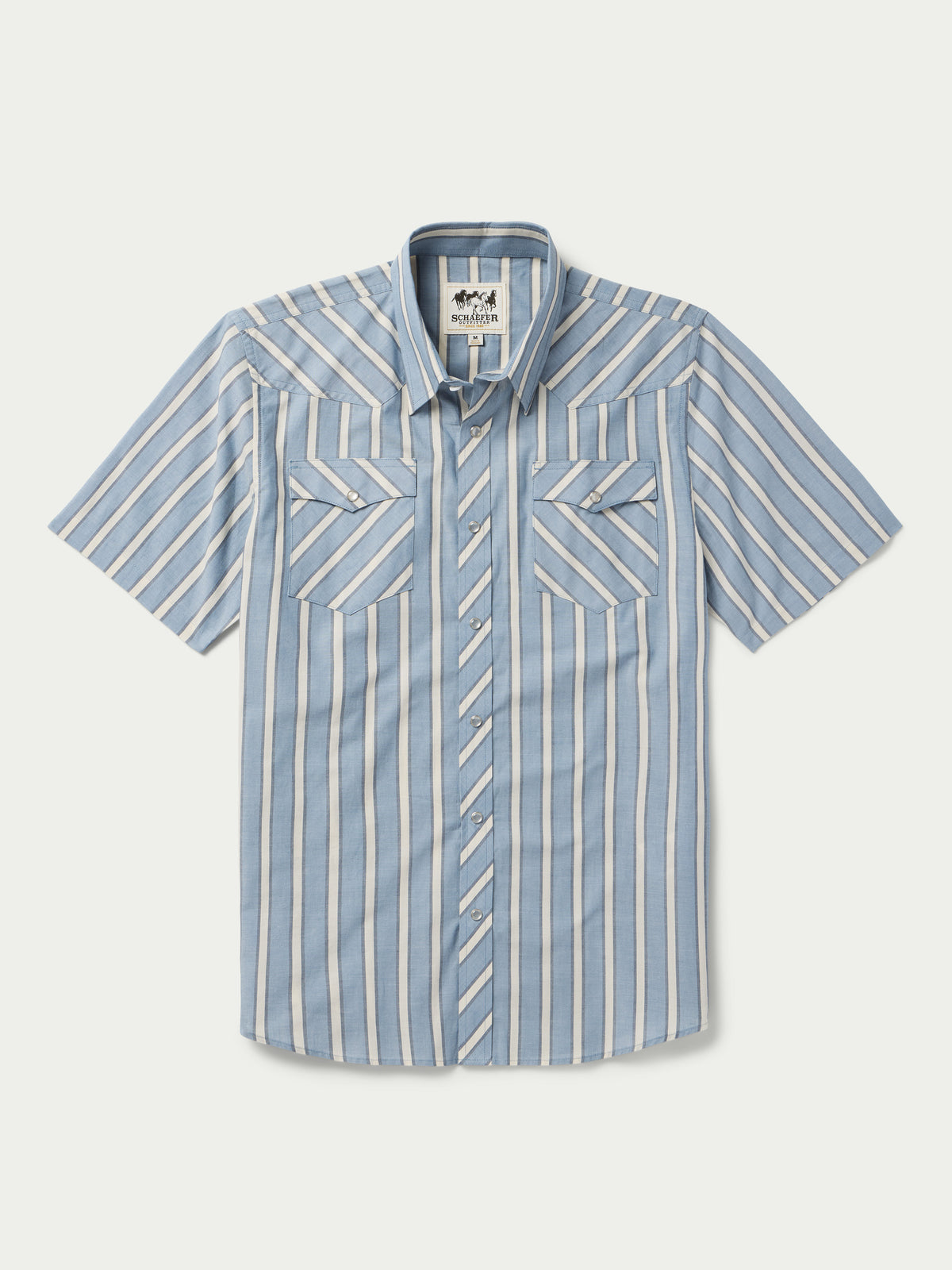 Blue and white striped short-sleeve pearl snap button-up shirt with chest pockets