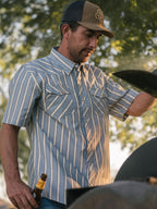 Men’s blue and white striped short-sleeve pearl snap western shirt with front yoke