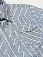 Striped short-sleeve pearl snap shirt with chest pocket, yoke, and snap buttons