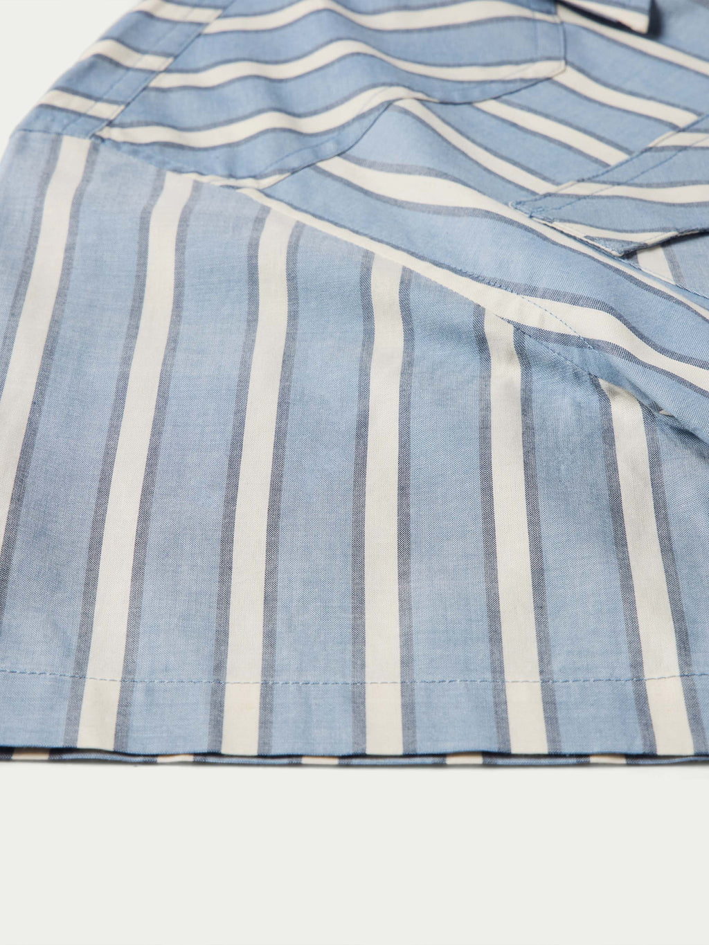 Back yoke and shoulder seam detail on blue and white striped short-sleeve shirt