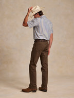 Blue and white striped short-sleeve pearl snap button-up shirt with pointed collar