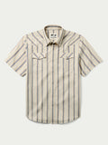 Short-sleeve striped cotton pearl-snap shirt with flap chest pockets