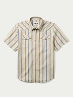 Short-sleeve striped cotton pearl-snap shirt with flap chest pockets
