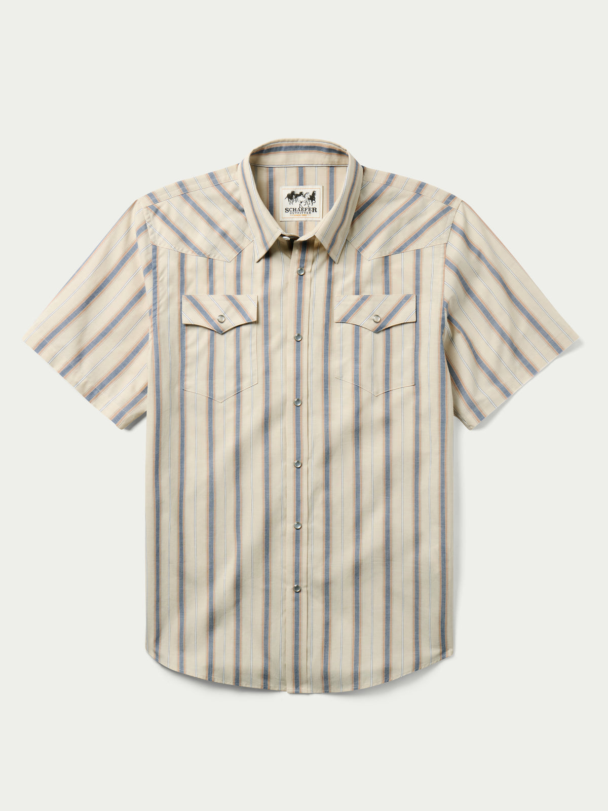 Short-sleeve striped cotton pearl-snap shirt with flap chest pockets