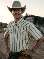 Men's short-sleeve pearl snap shirt, light striped cotton with button placket and pockets