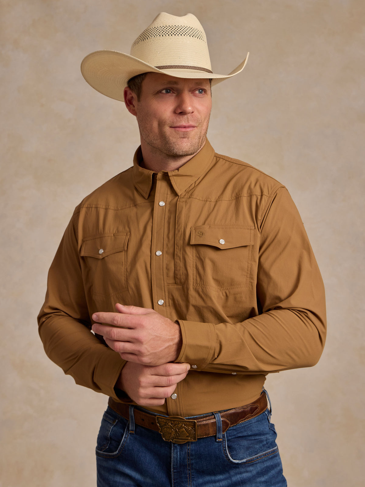 RangeTek Western snap shirt in pecan tan, long sleeves and chest snap flap pockets