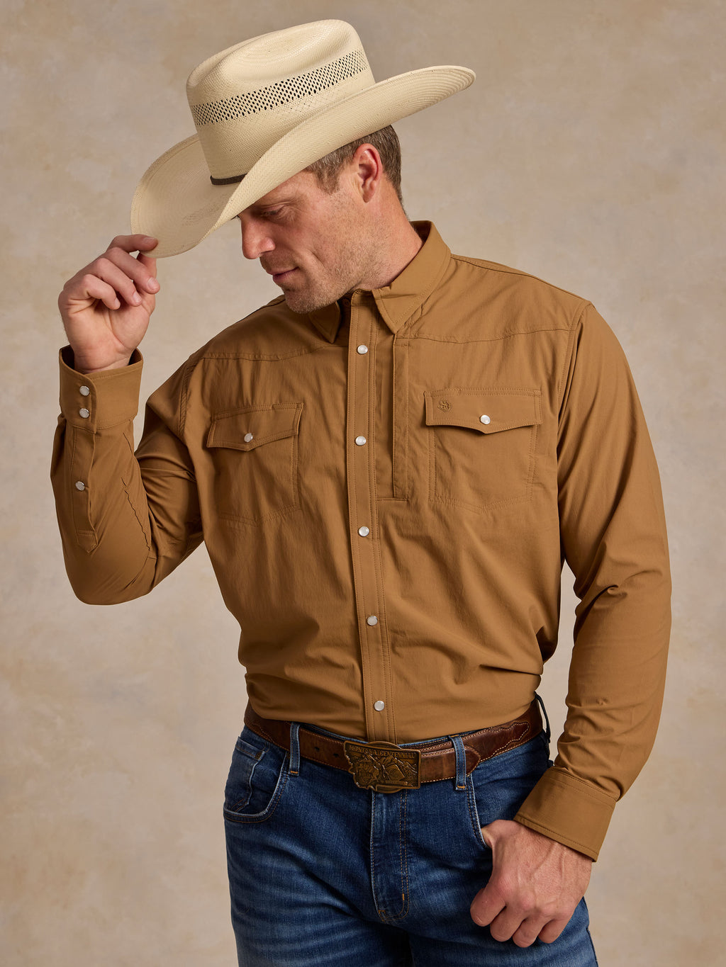 RangeTek Western snap shirt, pecan tan with snap front and chest flap pockets