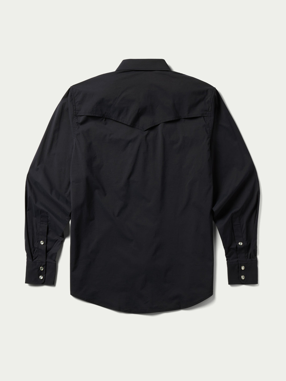 Black western snap shirt back view with yoke seam and long sleeves